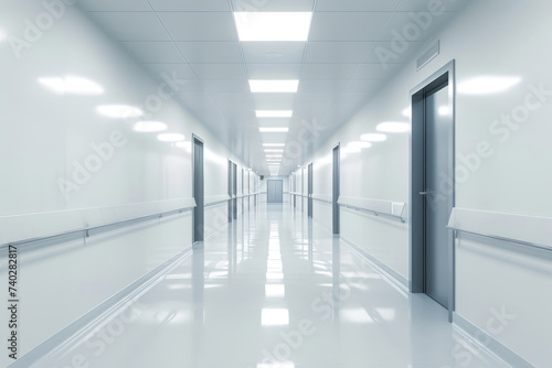 Long bright corridor in scientific laboratory building. Clean white hallway. Generative AI