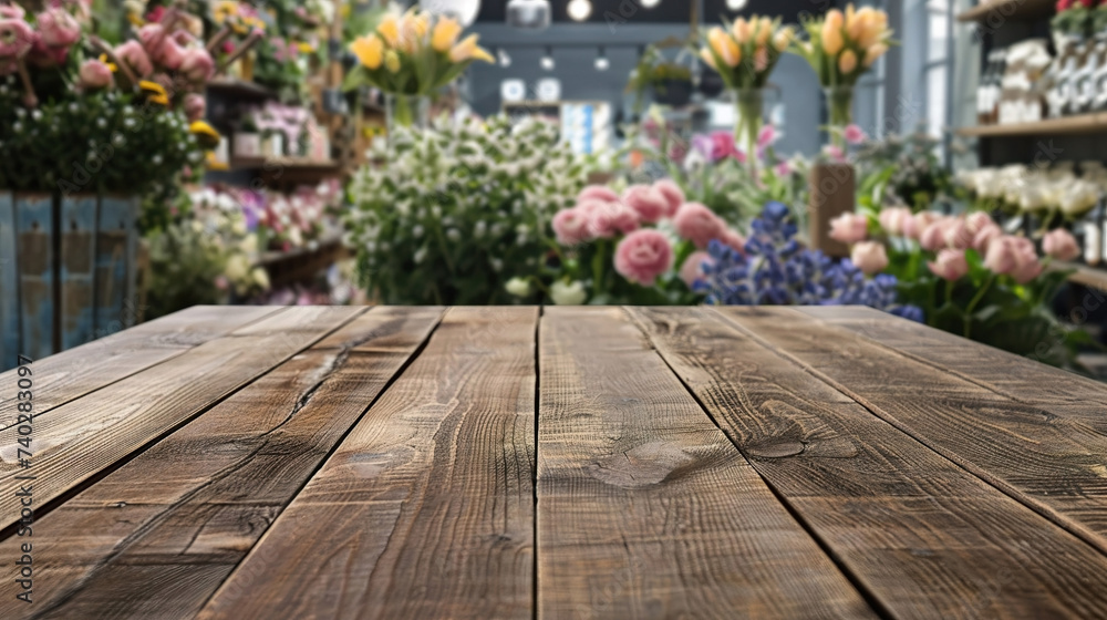 Empty wooden table top with blur background of flowers store. Generated with AI