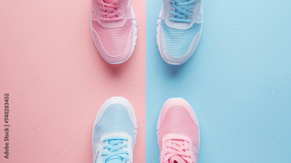 New sneakers placed on a colorful background featuring shades of pink and blue pastels, offering ample copy space. This overhead shot showcases the running shoes in a top view, flat lay style New sneakers placed on a colorful background featuring shades of pink and blue pastels, offering ample copy space. This overhead shot showcases the running shoes in a top view, flat lay style