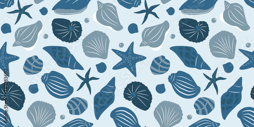 Seamless pattern with shells of different shapes, starfish, pearls. Marine abstract print. Vector graphics.