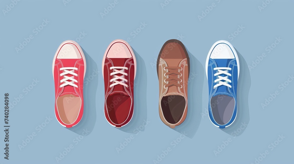 Collection of top-view women and men shoes, including pink and red female shoes, red women sneakers, brown men shoes, and blue men sneakers. Flat vector illustrations are isolated on white background