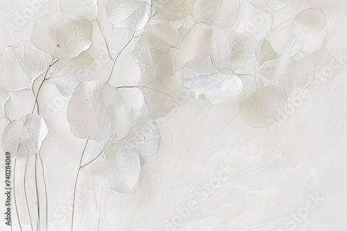 A vase filled with white flowers on top of a table. Barely there florals on white background. White lunaria flowers photo