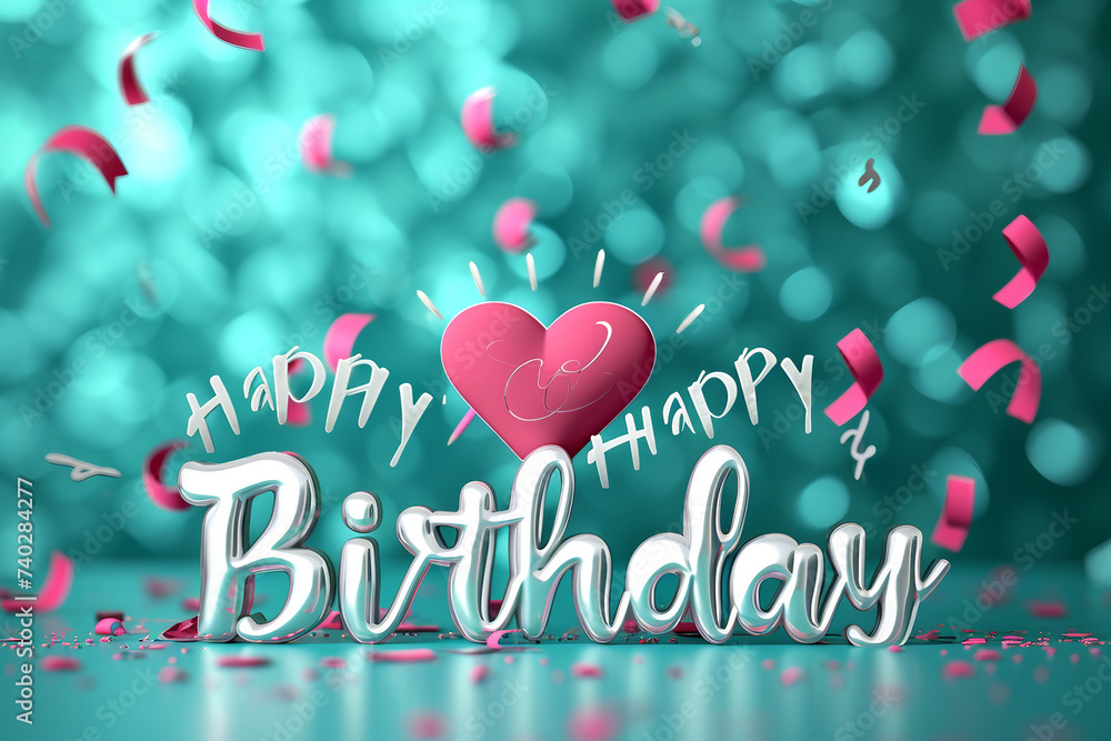Silver Happy Birthday 3D Render with Heart on Abstract Aqua Blue Background