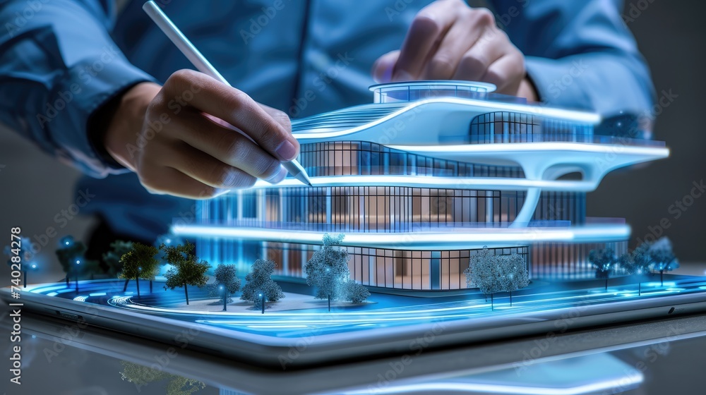Architect using a digital pen to design a modern, illuminated architectural model on a tablet at night.