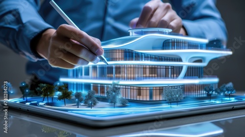 Architect using a digital pen to design a modern, illuminated architectural model on a tablet at night.