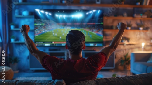 Excited man raising his fists in triumph as he watches a live soccer game on TV, emotional sports fan experience.