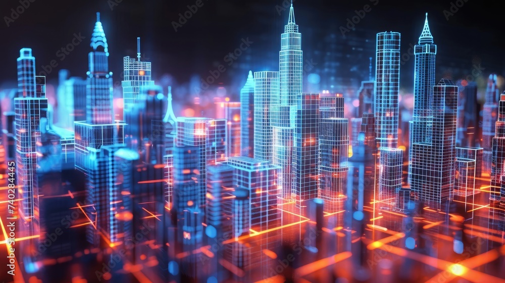 Digital illustration of a cyber cityscape glowing with neon lights, reflecting advanced urban architecture and technology.