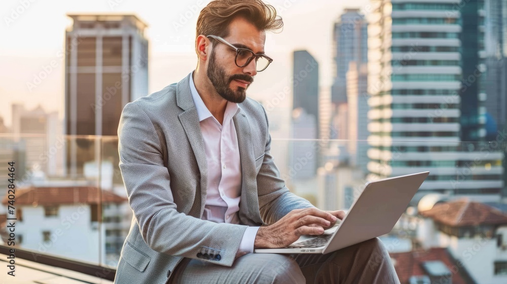 A businessman in a smart casual outfit focused on his laptop, with a high-rise urban skyline softly blurred in the background. A businessman in a smart casual outfit focused on his laptop, with a high-rise urban skyline softly blurred in the background.