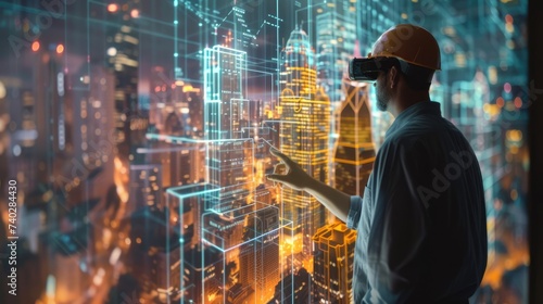 An engineer wearing a VR headset interacts with a holographic cityscape, representing modern urban planning and construction technology.