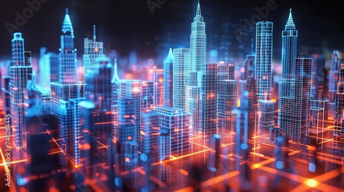 Digital illustration of a cyber cityscape glowing with neon lights, reflecting advanced urban architecture and technology.
