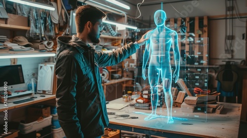 Designer in a workshop adjusts a holographic human model on a digital interface  highlighting cutting-edge fashion technology.