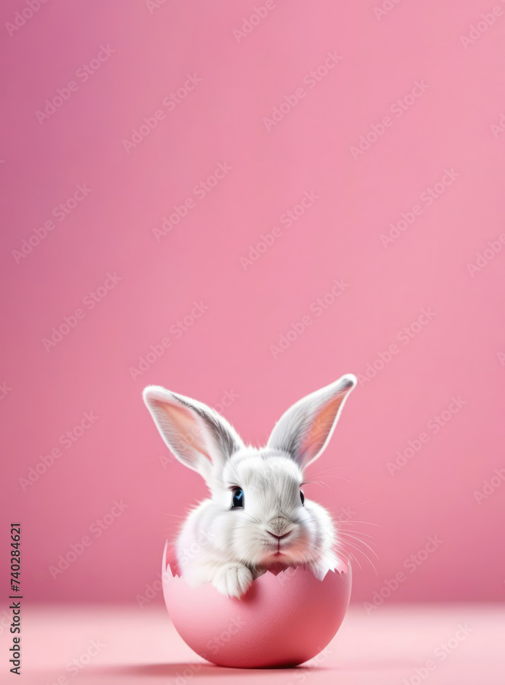 Fototapeta premium Easter bunny in egg shell on pink background. Easter concept.