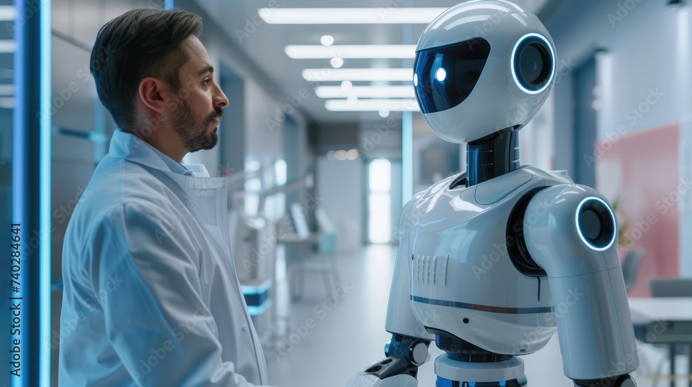 A medical scientist in a lab coat engages with a humanoid robot, showcasing a collaboration between humans and AI in healthcare. A medical scientist in a lab coat engages with a humanoid robot, showcasing a collaboration between humans and AI in healthcare.