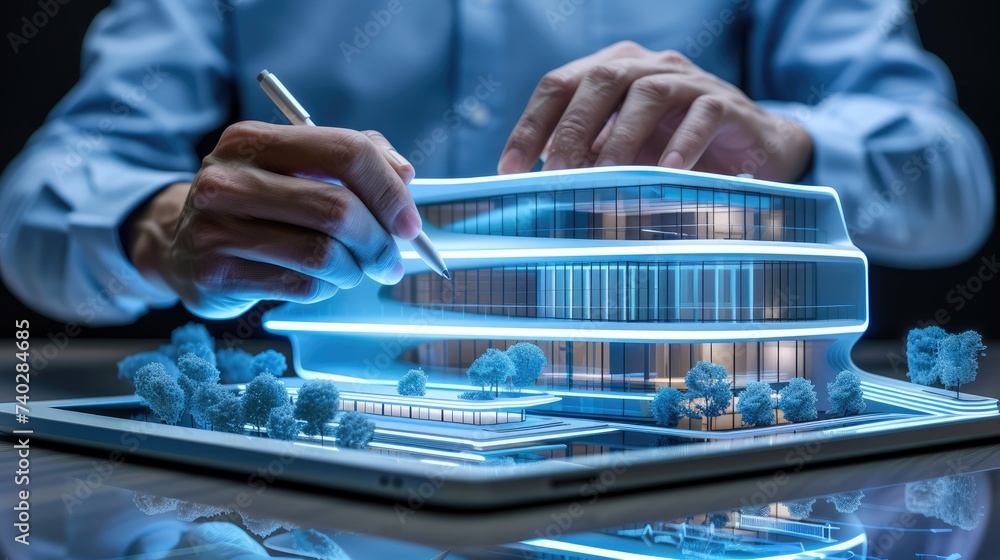 A professional designer uses a modern building to conceptualize a futuristic cityscape, merging design with advanced technology. A professional designer uses a modern building to conceptualize a futuristic cityscape, merging design with advanced technology.