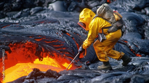 A geologist in a high-visibility suit analyzes a new lava flow, providing insights into volcanic processes and geothermal activity. photo