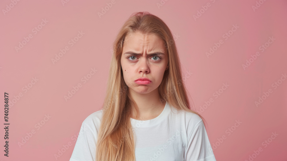 Fototapeta premium A young woman with a puzzled expression, featuring blonde hair and freckles, against a pink background.