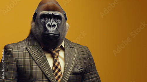 Portrait of a gorilla dressed in an elegant suit on an orange background