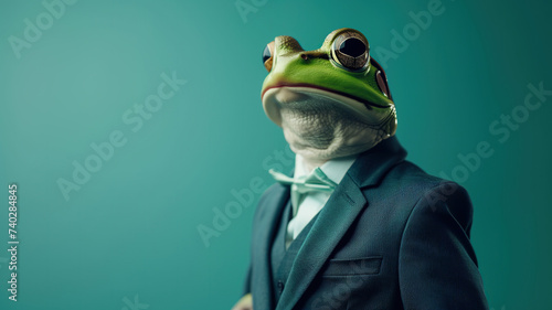 Portrait of a green frog dressed in an elegant suit on a teal background