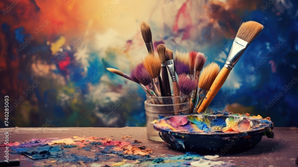 Fototapeta premium Vibrant Paint Brushes and Colorful Palettes Arranged on a Wooden Table for Creative Art Projects