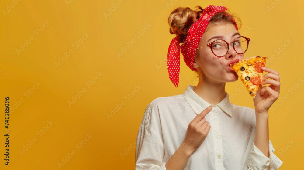 A joyful woman smelling a slice of pizza, wearing a red bandana, glasses, and a casual white blouse against a yellow background. A joyful woman smelling a slice of pizza, wearing a red bandana, glasses, and a casual white blouse against a yellow background.