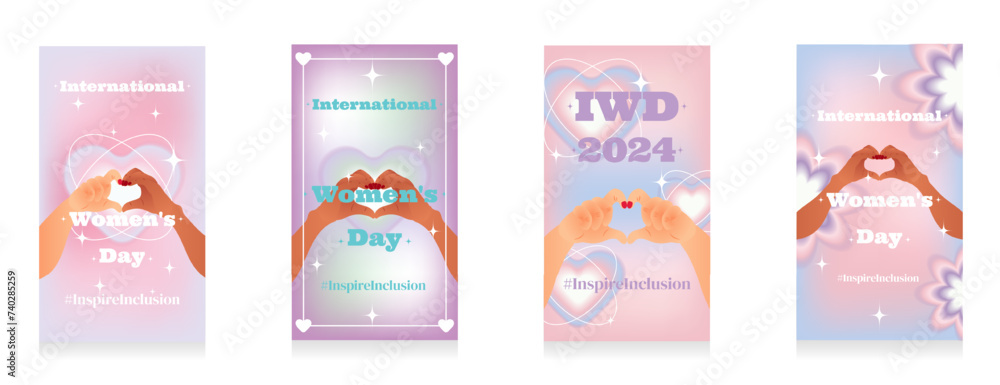 A set of story templates for International Women's Day. Two hands making a heart shape on a gradient blurred y2k background in the style of the 2000 aesthetic. Pastel colors. Vector illustration. A set of story templates for International Women's Day. Two hands making a heart shape on a gradient blurred y2k background in the style of the 2000 aesthetic. Pastel colors. Vector illustration.