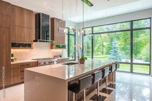 Contemporary Kitchen with Wooden Cabinets and Nature View. Luxurious kitchen interior boasting wooden cabinetry, marble island, and floor-to-ceiling windows with a verdant view.