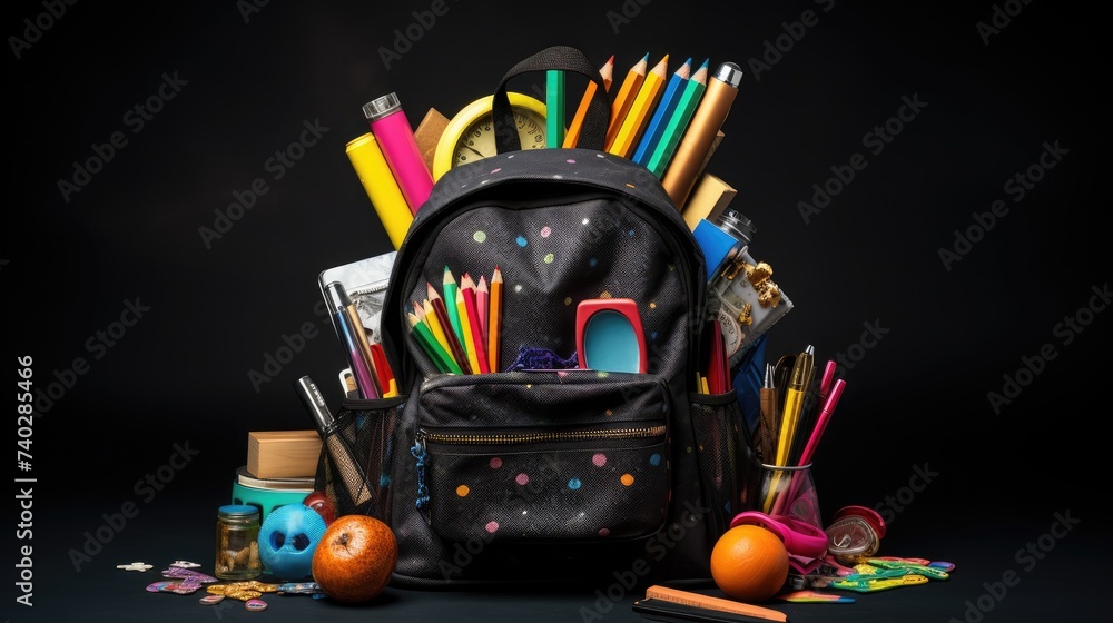 A Diverse Array of School Supplies Overflowing from a Vibrant Backpack on a Chalkboard Background