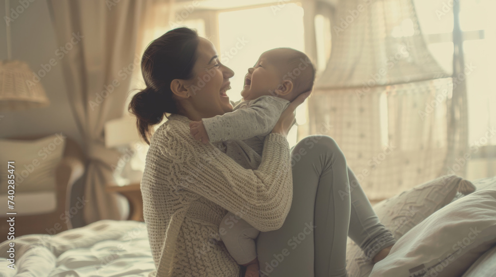 A smiling woman lying on a bed lifting a laughing baby into the air with both hands in a sunlit room. A smiling woman lying on a bed lifting a laughing baby into the air with both hands in a sunlit room.