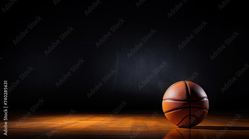 Vibrant Basketball Ball Showcase on Glossy Black Floor with Copy Space for Text or Design