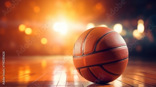 Basketball Ball Illuminated by Bright Court Lights for an Intense Game Atmosphere © StockKing