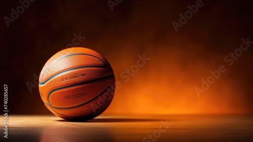 Vibrant Basketball Close-Up Displayed on a Textured Wooden Studio Floor © StockKing