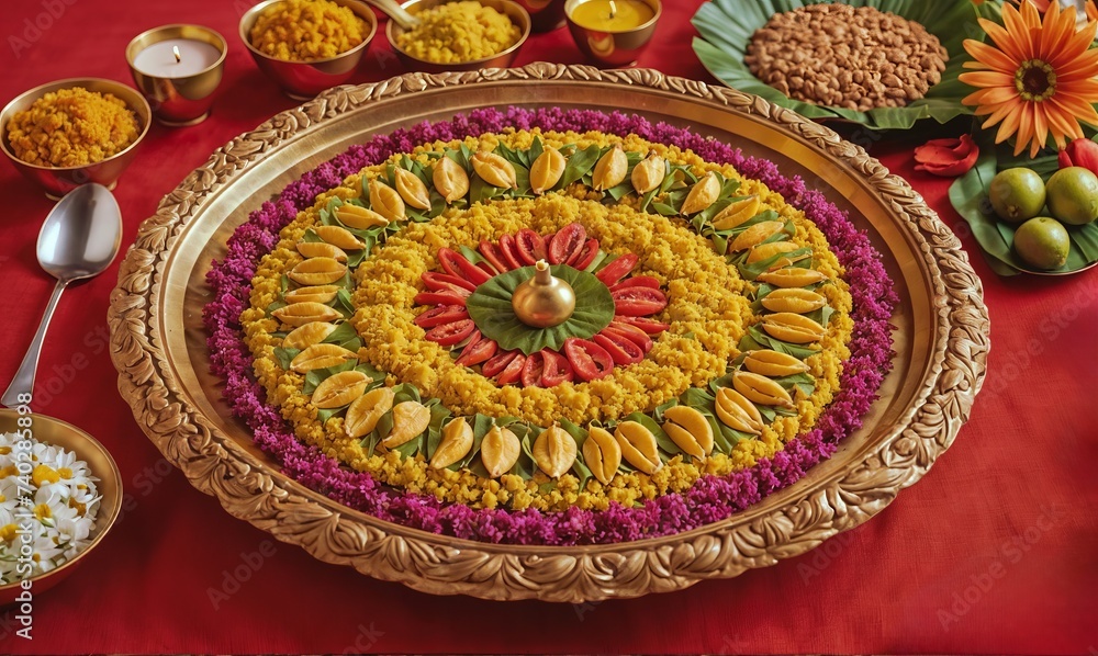 Tali's large plate, with kari rice and other food, on the table. Festive or cultural event. Food. For: design,interior, menu, fest, restaurant. Tali's large plate, with kari rice and other food, on the table. Festive or cultural event. Food. For: design,interior, menu, fest, restaurant.