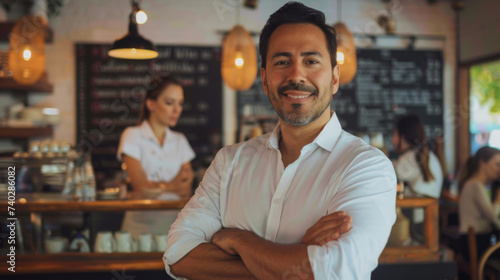 A confident entrepreneur with crossed arms stands in his cafe, with a barista working in the background.