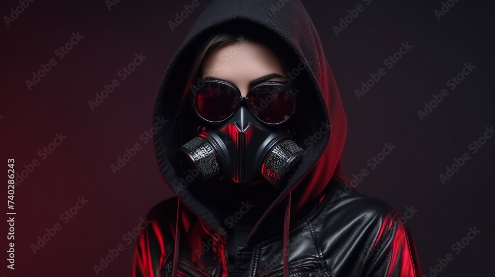 close up of female cyberpunk girl wearing hoodie with goggles and protective gas mask. close up of female cyberpunk girl wearing hoodie with goggles and protective gas mask.