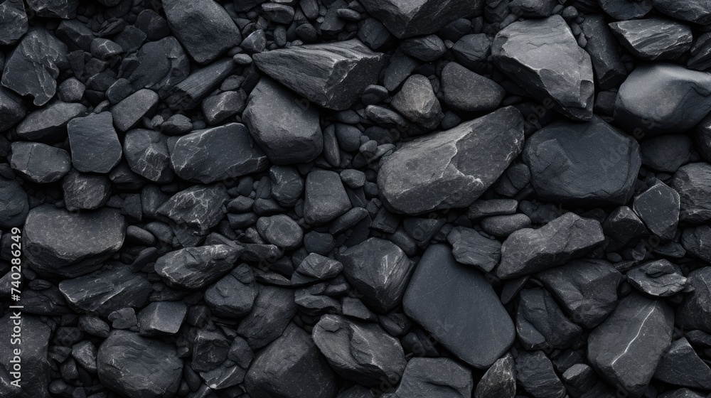A Collection of Diverse Black Rocks Abound in a Textured Background of Dark Gray Stones A Collection of Diverse Black Rocks Abound in a Textured Background of Dark Gray Stones