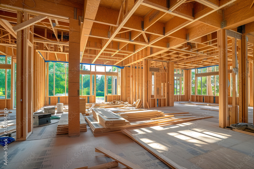 New house construction in the process of being framed, framework truss beam frame newly built system Generative AI New house construction in the process of being framed, framework truss beam frame newly built system Generative AI