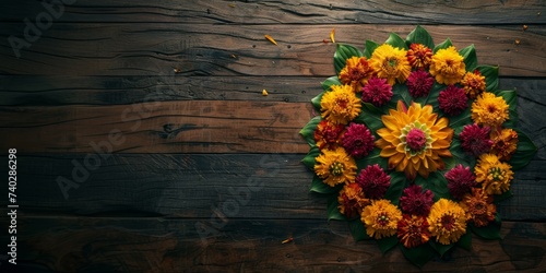 Wreath, mandala of yellow and red flowers against an antique wooden surface. Still life photo. Cultural and religion. For for greeting cards, wedding, boster, banner. With copy space photo