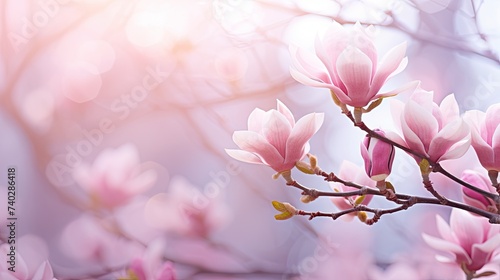 Delicate Magnolia Branch in Full Bloom Against Soft Pastel Background of Springtime