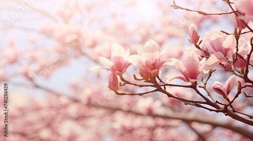 Delicate Magnolia Tree Branch Blooming with Pink Flowers in Soft Spring Light