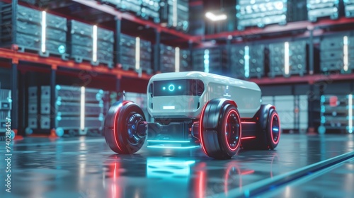 A car robot transports a truck box equipped with AI for future manufacturing industry technology, showcasing cyber-robot logistics in warehouses