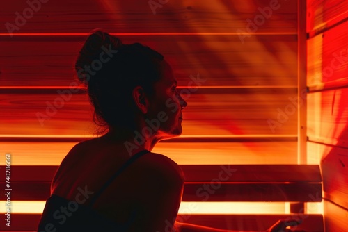 A woman sitting in a sauna room with a red light. Infrared sauna interior