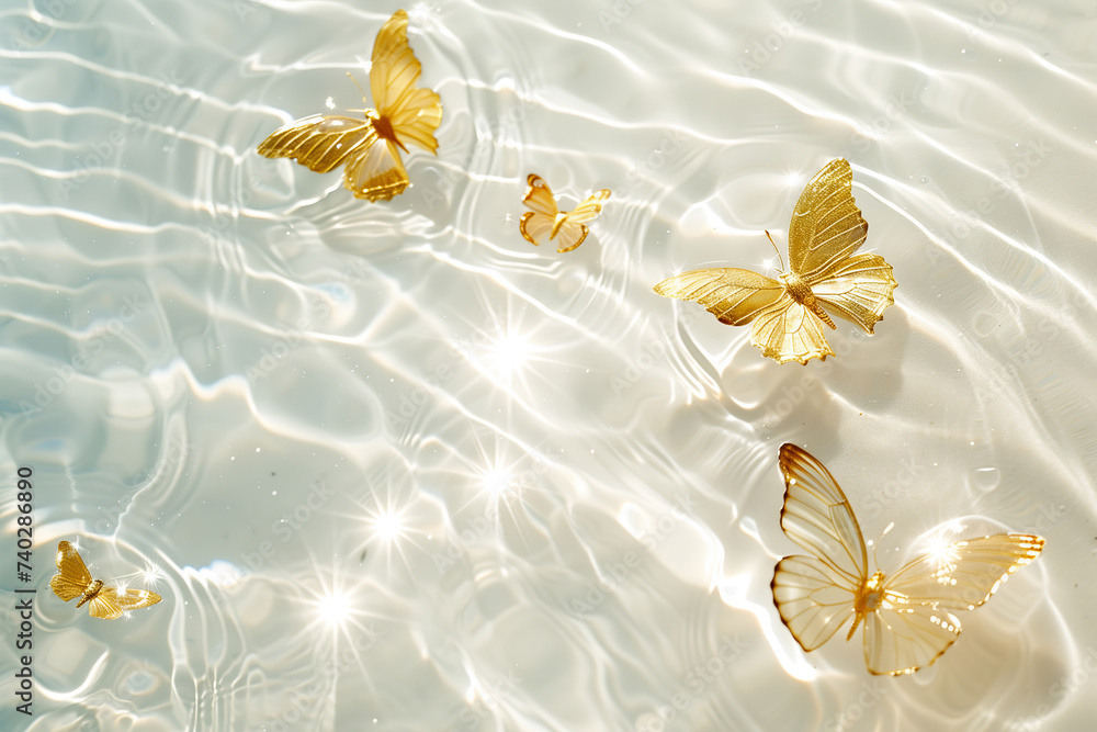 Golden Butterflies Hovering Over Rippling Water, Serene Luxury