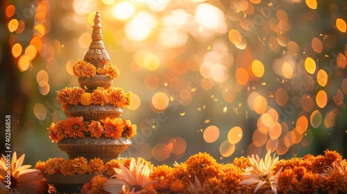 A tiered tower decorated with orange marigold flowers against a backdrop of warm, glowing bokeh lights. Religion and culture. For banners, wallpaper, background, celebration, decor.  With copy space. photo
