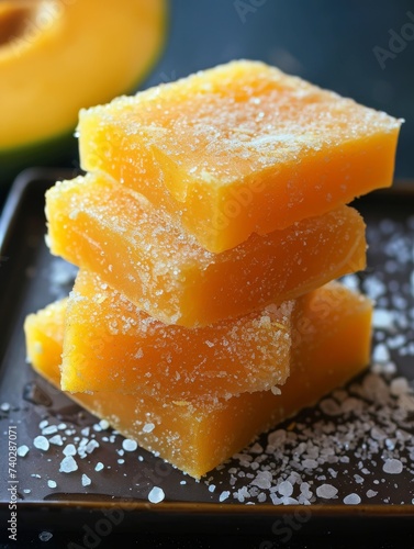 Mango Burfi is an Indian sweet, a festive dish. Traditional Indian sweet. Rustic. Cultural. Recipe blog, cultural festival article, holiday. photo