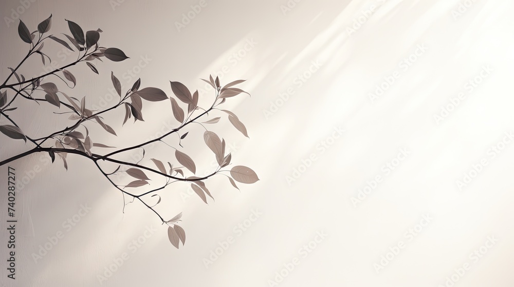 Graceful Branch with Lush Green Leaves Casting Shadows on White Wall Graceful Branch with Lush Green Leaves Casting Shadows on White Wall