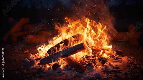 Intense Bonfire Emitting Fiery Sparks in the Dark Night Sky