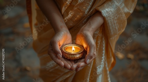 Cupped hands holding a small lit candle. Close-up. Cultural and religion. Gudi Padwa. Divali. For festival, banner