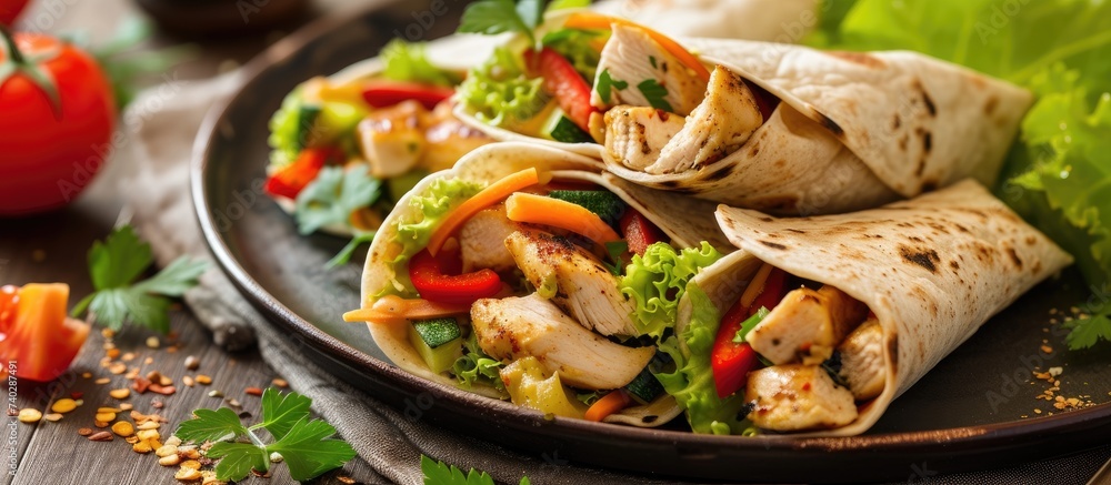 A plate of chicken wraps filled with fresh lettuce and juicy tomatoes. A plate of chicken wraps filled with fresh lettuce and juicy tomatoes.