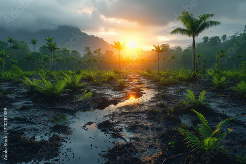 A montage featuring a lush rainforest teeming with biodiversity next to a polluted  deforested landscape. Concept of environmental conservation. Generative Ai.