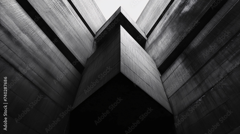 Arquitectura brutalista, minimalista, de hormigón visto con formas geométricas monocromáticas - obrazy, fototapety, plakaty 